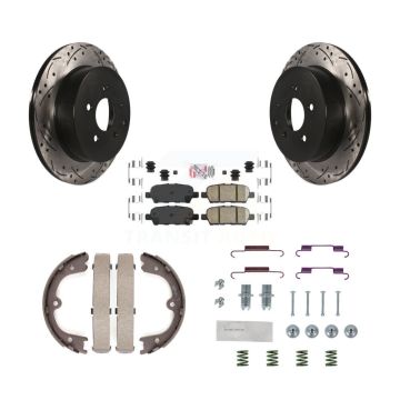 Rear Disc Drilled & Slotted Rotors Ceramic Pads Parking Shoes And Hardware Kit For Nissan KDA-103672