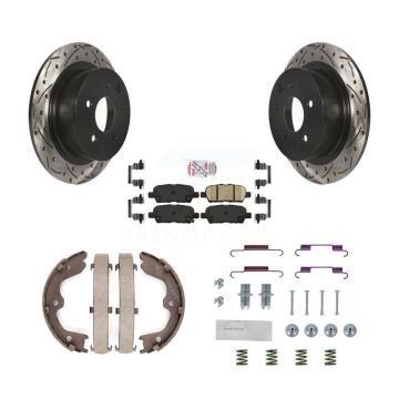 Rear Disc Drilled & Slotted Rotors Ceramic Pads Parking Brake Shoes And Hardware Kit For KDA-103677