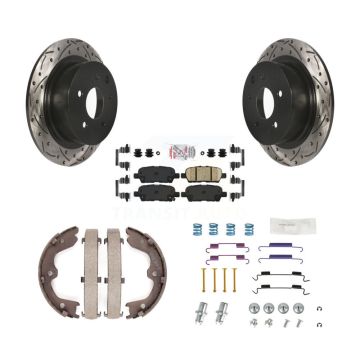 Rear Disc Drilled & Slotted Rotors Ceramic Pads Parking Brake Shoes And Hardware Kit For KDA-103680