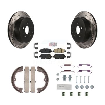 Rear Disc Drilled & Slotted Rotors Ceramic Pads Parking Shoes Hardware Kit For INFINITI KDA-103681