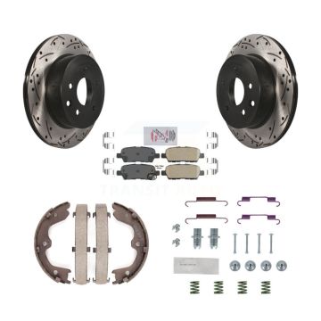 Rear Disc Drilled & Slotted Rotors Ceramic Pads Parking Brake Shoes And Hardware Kit For KDA-103690
