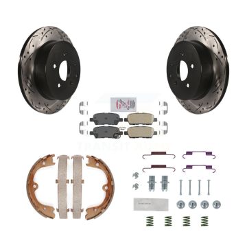 Rear Disc Drilled & Slotted Rotors Ceramic Pads Parking Shoes Hardware Kit For INFINITI KDA-103694