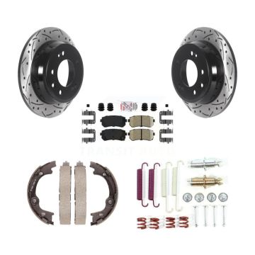 Rear Disc Drilled & Slotted Rotors Ceramic Pads Parking Brake Shoes And Hardware Kit For KDA-103699