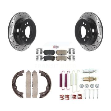 Rear Disc Drilled & Slotted Rotors Ceramic Pads Parking Brake Shoes And Hardware Kit For KDA-103700
