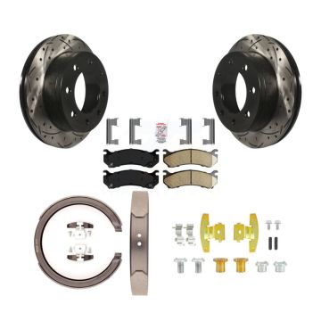 Rear Disc Drilled & Slotted Rotors Ceramic Pads Parking Shoes Hardware Kit For Chevrolet KDA-103703