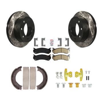 Rear Disc Drilled & Slotted Rotors Ceramic Pads Parking Shoes Hardware Kit For Chevrolet KDA-103705