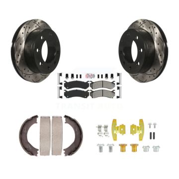 Rear Disc Drilled & Slotted Rotors Semi-Metallic Pads Parking Shoes Hardware Kit For GMC KDA-103706