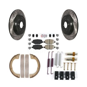 Rear Disc Drilled & Slotted Rotors Ceramic Pads Parking Brake Shoes And Hardware Kit For KDA-103720