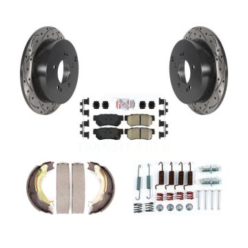 Rear Disc Drilled & Slotted Rotors Ceramic Pads Parking Brake Shoes And Hardware Kit For KDA-103739