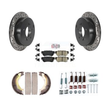 Rear Disc Drilled & Slotted Rotors Ceramic Pads Parking Brake Shoes And Hardware Kit For KDA-103740