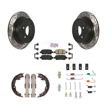 Rear Disc Drilled & Slotted Rotors Ceramic Pads Parking Shoes And Hardware Kit For Nissan KDA-103750