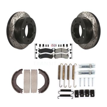 Rear Disc Drilled & Slotted Rotors Semi-Metallic Pads Parking Shoes Hardware Kit For GMC KDA-103771