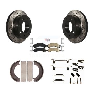 Rear Disc Drilled & Slotted Rotors Ceramic Pads Parking Shoes Hardware Kit For Chevrolet KDA-103772