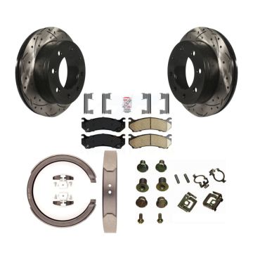 Rear Disc Drilled & Slotted Rotors Ceramic Pads Parking Shoes Hardware Kit For GMC Sierra KDA-103779
