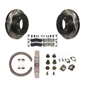 Rear Disc Drilled & Slotted Rotors Semi-Metallic Pads Parking Shoes Hardware Kit For GMC KDA-103780