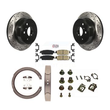 Rear Disc Drilled & Slotted Rotors Ceramic Pads Parking Shoes Hardware Kit For Chevrolet KDA-103784
