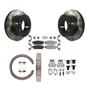 Rear Disc Drilled & Slotted Rotors Semi-Metallic Pads Parking Shoes And Hardware Kit For KDA-103787