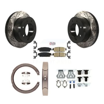 Rear Disc Drilled & Slotted Rotors Ceramic Pads Parking Brake Shoes And Hardware Kit For KDA-103788