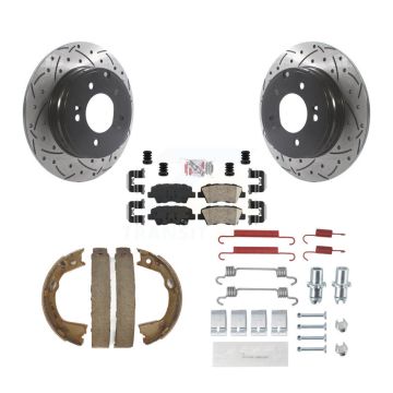 Rear Disc Drilled & Slotted Rotors Ceramic Pads Parking Shoes Hardware Kit For Hyundai KDA-103789