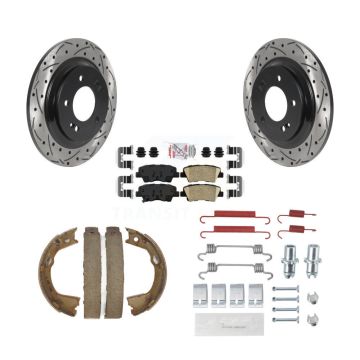 Rear Disc Drilled & Slotted Rotors Ceramic Pads Parking Shoes Hardware Kit For Kia Optima KDA-103792