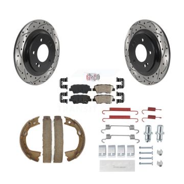 Rear Disc Drilled & Slotted Rotors Ceramic Pads Parking Shoes Hardware Kit For Hyundai KDA-103794