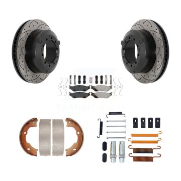 Rear Disc Drilled & Slotted Rotors Semi-Metallic Pads Parking Shoes Hardware Kit For Ford KDA-103800