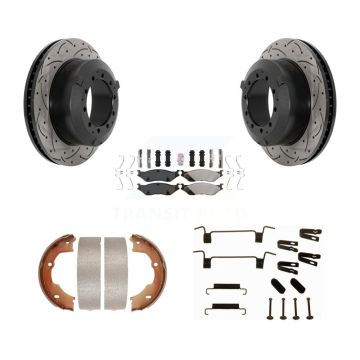 Rear Disc Drilled & Slotted Rotors Semi-Metallic Pads Parking Shoes And Hardware Kit For KDA-103804