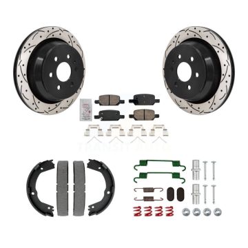 Rear Disc Drilled & Slotted Rotors Ceramic Pads Parking Shoes Hardware Kit For Chevrolet KDA-103812