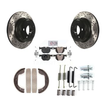 Rear Disc Drilled & Slotted Rotors Semi-Metallic Pads Parking Shoes Hardware Kit For BMW KDA-103815