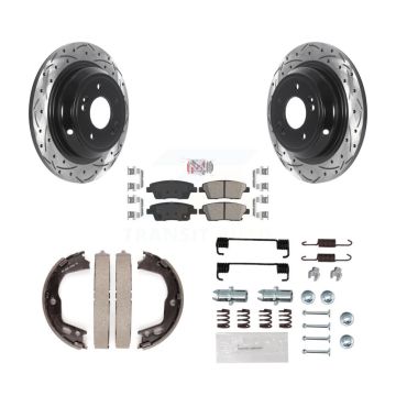 Rear Disc Drilled & Slotted Rotors Ceramic Pads Parking Brake Shoes And Hardware Kit For KDA-103825