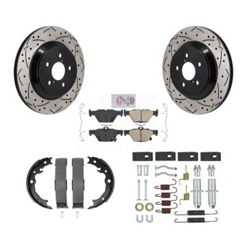Rear Disc Drilled & Slotted Rotors Ceramic Pads Parking Brake Shoes And Hardware Kit For KDA-103837