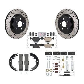Rear Disc Drilled & Slotted Rotors Ceramic Pads Parking Brake Shoes And Hardware Kit For KDA-103838