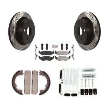Rear Disc Drilled & Slotted Rotors Semi-Metallic Pads Parking Shoes Hardware Kit For Ram KDA-103839