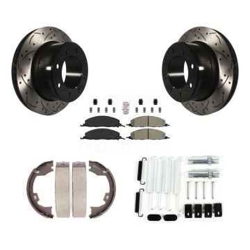 Rear Disc Drilled & Slotted Rotors Semi-Metallic Pads Parking Shoes And Hardware Kit For KDA-103841