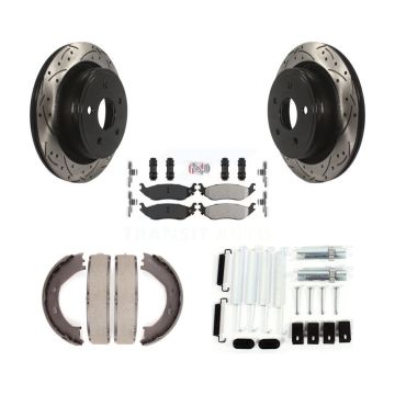 Rear Disc Drilled & Slotted Rotors Semi-Metallic Pads Parking Shoes Hardware Kit For Ram KDA-103843