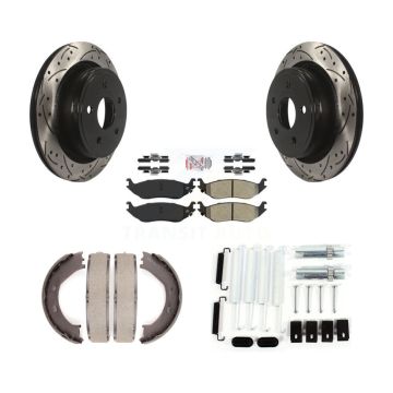 Rear Disc Drilled & Slotted Rotors Semi-Metallic Pads Parking Shoes Hardware Kit For Ram KDA-103844