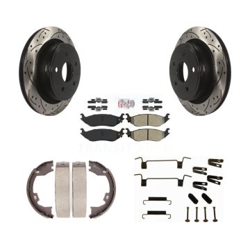 Rear Disc Drilled & Slotted Rotors Semi-Metallic Pads Parking Shoes And Hardware Kit For KDA-103846