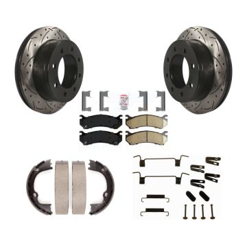 Rear Disc Drilled & Slotted Rotors Ceramic Pads Parking Shoes Hardware Kit For Chevrolet KDA-103853