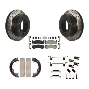 Rear Disc Drilled & Slotted Rotors Semi-Metallic Pads Parking Shoes Hardware Kit For GMC KDA-103854