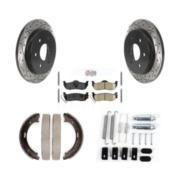 Rear Disc Drilled & Slotted Rotors Ceramic Pads Parking Shoes And Hardware Kit For Nissan KDA-103866
