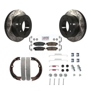 Rear Disc Drilled & Slotted Rotors Semi-Metallic Pads Parking Shoes And Hardware Kit For KDA-103872