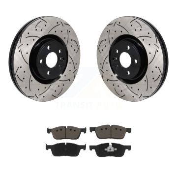 Front Coated Drilled Slotted Disc Brake Rotor Ceramic Pad Kit For 2018 Jaguar E-Pace Base KDC-101141