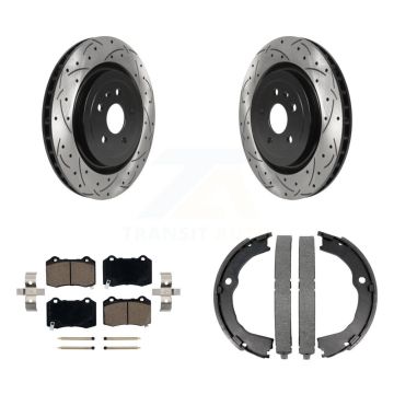Rear Disc Drilled & Slotted Rotors Ceramic Pads Parking Shoes Kit For Chevrolet Camaro KDC-101301
