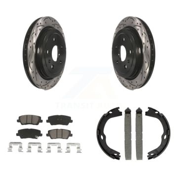 Rear Disc Drilled & Slotted Rotors Ceramic Pads Parking Brake Shoes Kit For Cadillac CTS KDC-101305