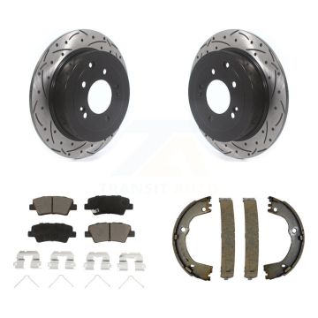 Rear Disc Drilled & Slotted Rotors Ceramic Pads Parking Shoes Kit For Hyundai Tucson Kia KDC-101306