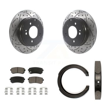 Rear Disc Drilled & Slotted Rotors Ceramic Pads Parking Shoes Kit For Hyundai Tucson Kia KDC-101307