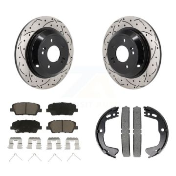 Rear Disc Drilled & Slotted Rotors Ceramic Pads Parking Shoes Kit For Kia Stinger Genesis KDC-101314