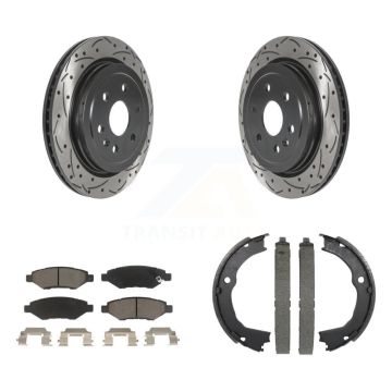 Rear Disc Drilled & Slotted Rotors Ceramic Pads Parking Shoes Kit For 10-16 Cadillac SRX KDC-101318