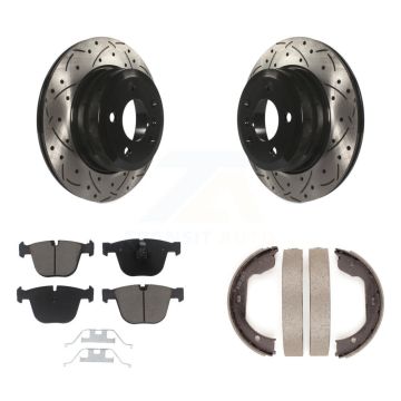 Rear Disc Drilled & Slotted Rotors Ceramic Pads Parking Shoes Kit For 09 BMW X6 xDrive35i KDC-101346
