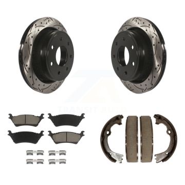 Rear Disc Drilled & Slotted Rotors Ceramic Pads Parking Brake Shoes Kit For Ford F-150 KDC-101348